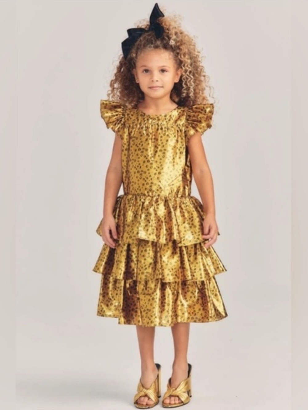 New LoveShackFancy Girls Camilla Dress Safari Gold Tiered Size 5-6y
